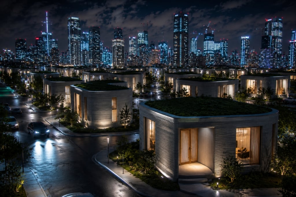 Modern 3D printed sustainable homes with green roofs at night against a glowing city skyline.
