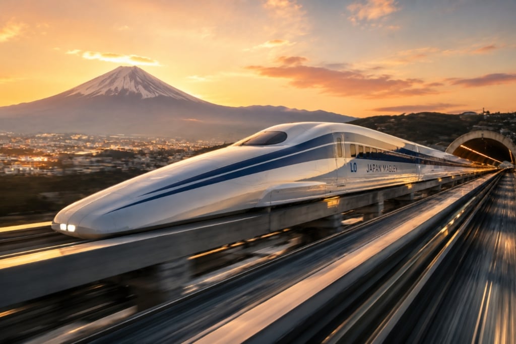 A high-speed Japan Maglev bullet train traveling past Mount Fuji at sunset.