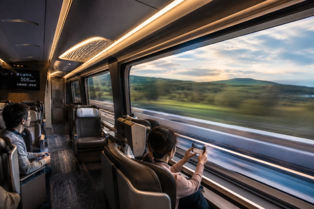 Passengers in a luxury high-speed train cabin viewing scenic landscape motion blur through large windows.