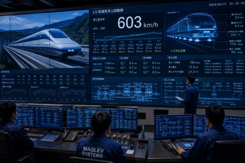 Technicians monitoring high-speed Japanese maglev train performance on digital dashboard screens.
