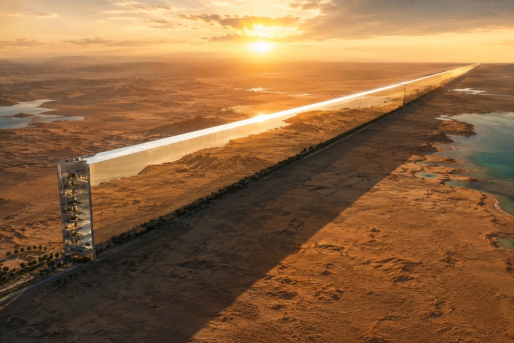 A futuristic mirrored skyscraper city extending across a desert landscape at sunset.