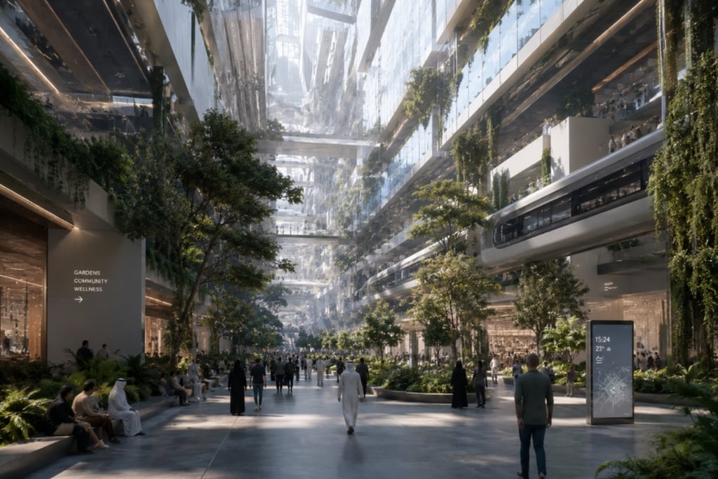 Futuristic sustainable city interior with lush vertical gardens, glass skyscrapers, and people walking.