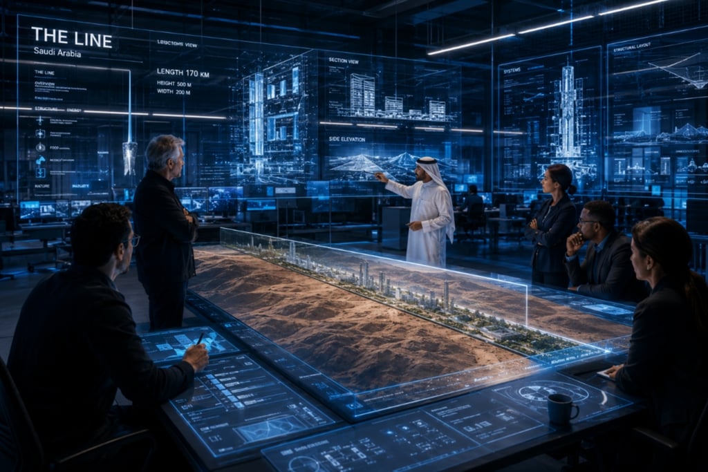 Architects analyze a 3D digital model of NEOM's The Line city project in a futuristic command center.