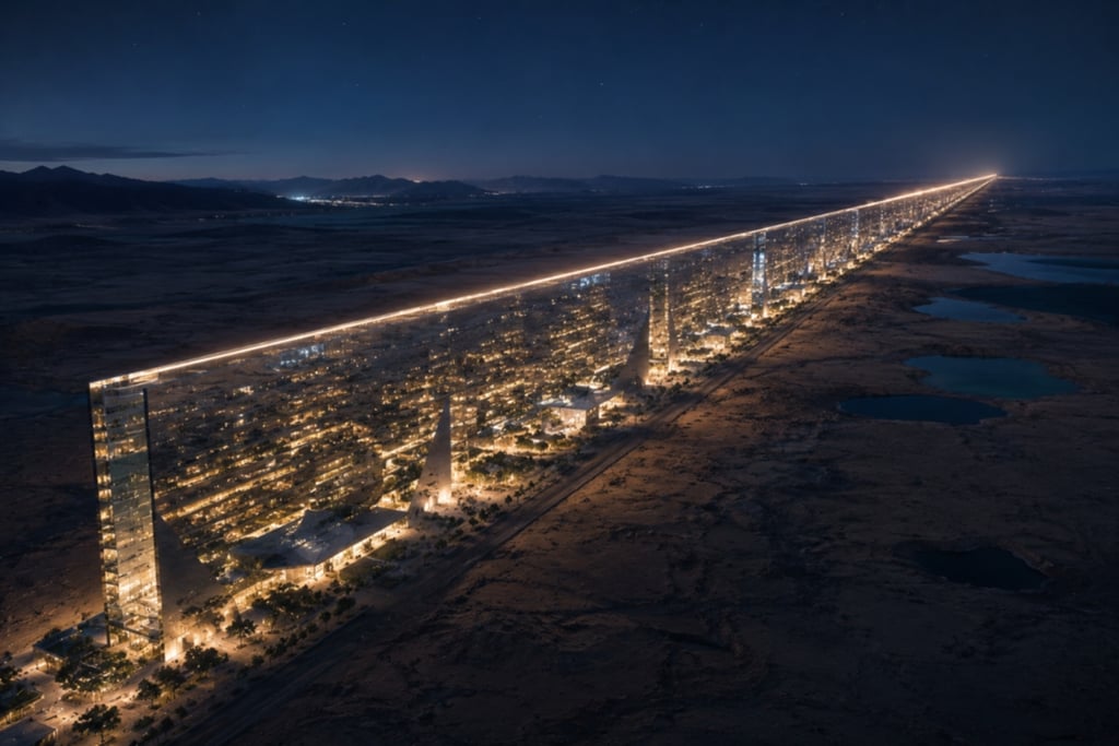 Aerial night view of The Line megacity in Neom, Saudi Arabia, featuring a linear mirrored skyscraper in the desert.