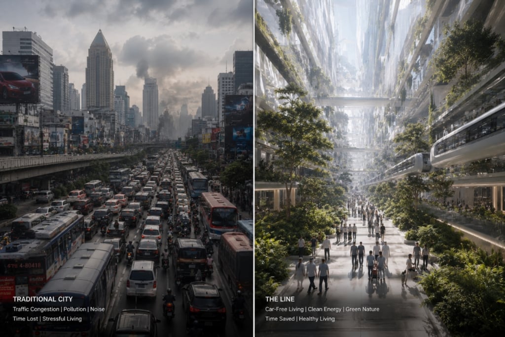 A side-by-side comparison of a congested traditional city with traffic and a futuristic green urban layout.