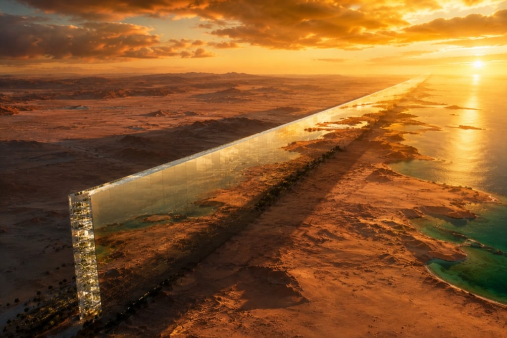 Conceptual rendering of NEOM's The Line city stretching across the Saudi Arabian desert at sunset.