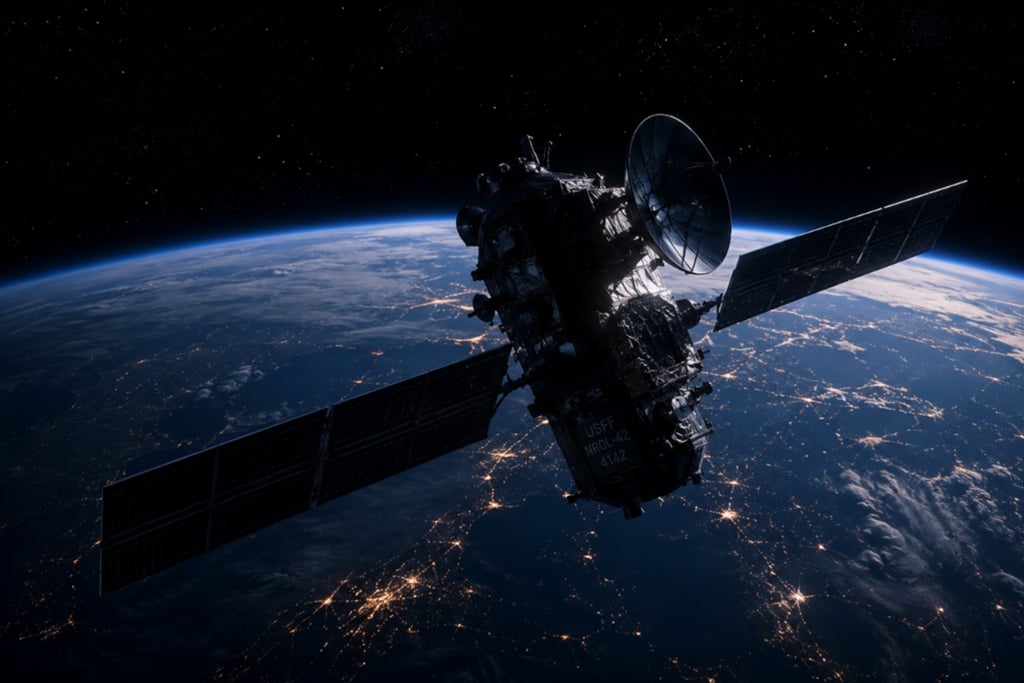 A high-tech communications satellite orbiting Earth with solar panels deployed against a dark space background.