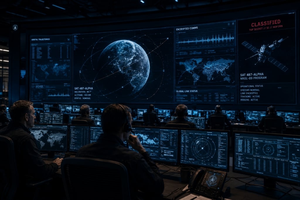 Technicians monitor global satellite data on large digital screens in a dark command center room.