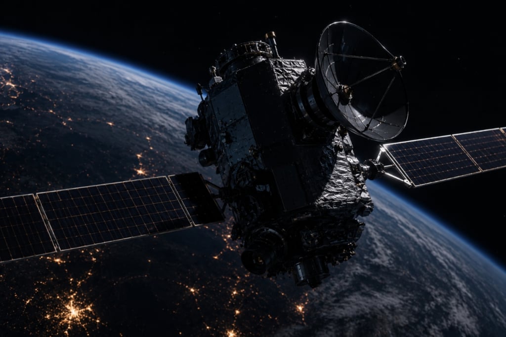 A communication satellite with solar panels orbiting Earth above city lights at night.