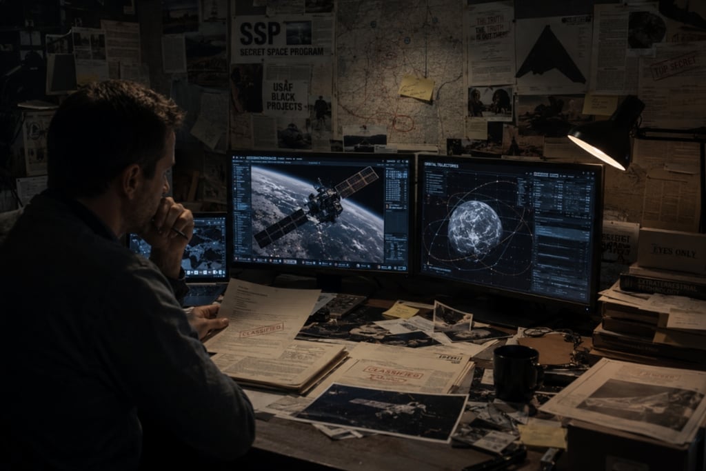 A man monitors satellite data and orbital trajectories on dual computer screens in a dark room filled with classified