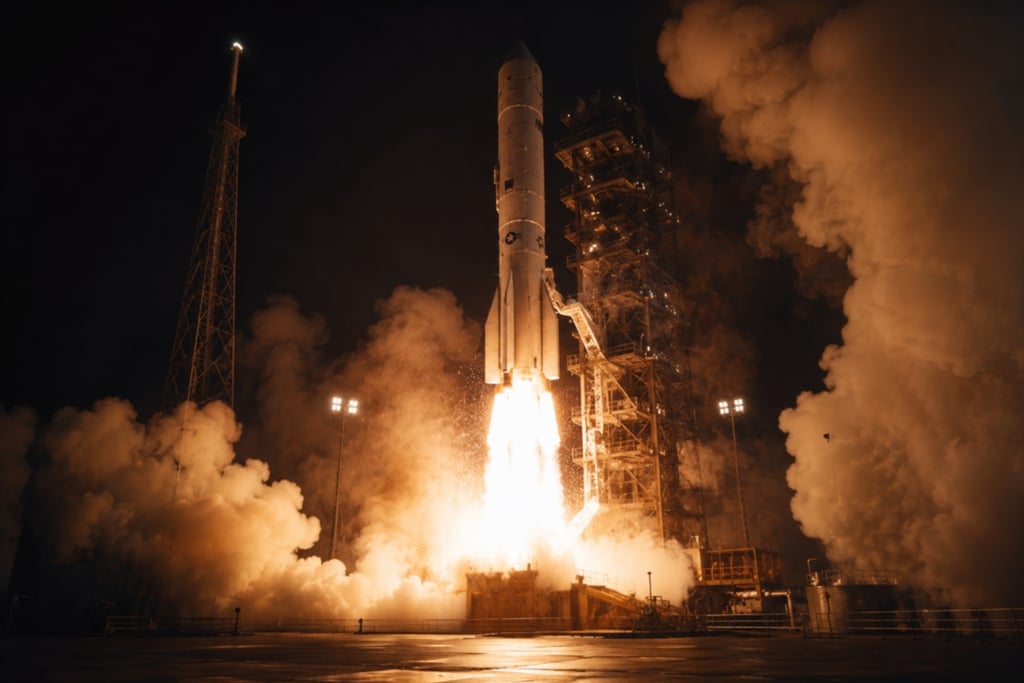 A space rocket launching from a launchpad at night with bright orange fire and white smoke.