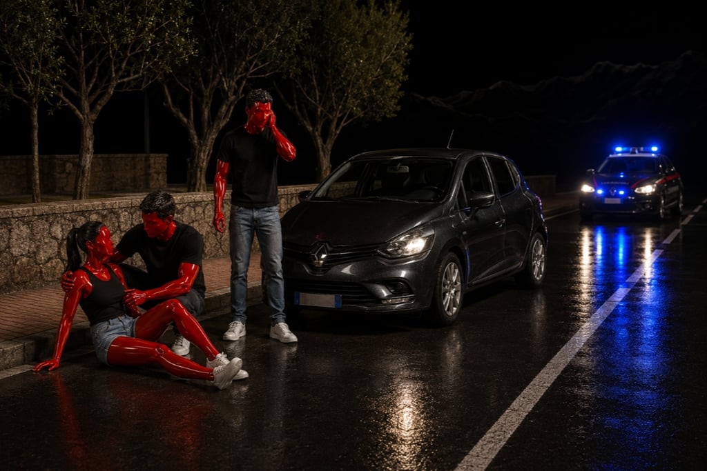 Red-skinned figures at a car accident scene on a wet night with a police car approaching.