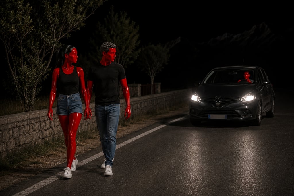 Surreal scene of two red skin-colored figures walking along a dark roadside as a car approaches with headlights on.