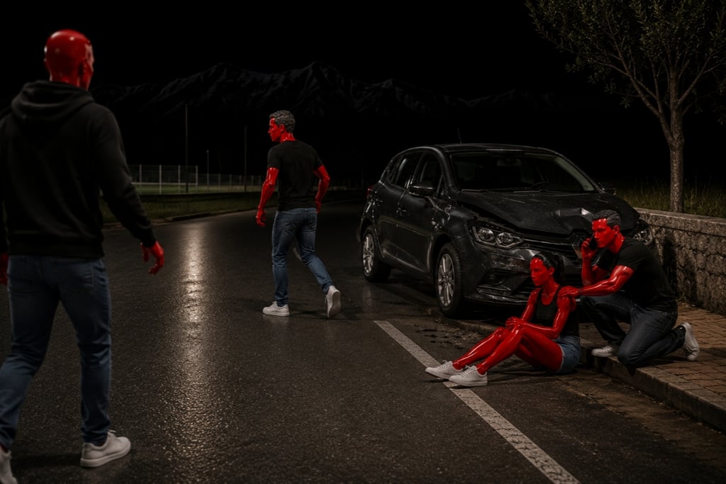 Red-skinned figures at a night car accident scene with a damaged black vehicle and emergency caller.