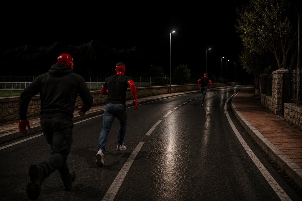 Three figures with red skin running down a dark, wet street illuminated by streetlights at night.