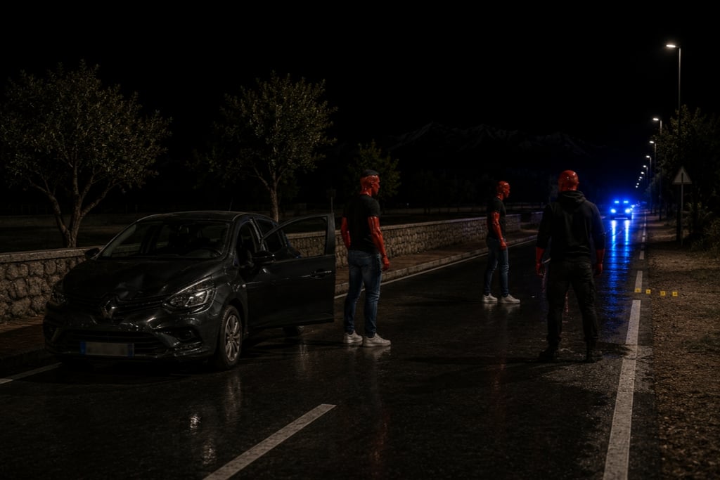 Forensic investigators in red suits examine a night car accident scene with police lights.