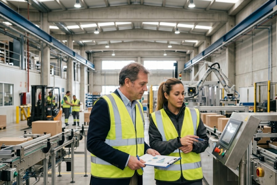 Consultor trabajando junto al equipo operativo en planta industrial