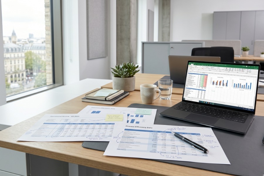 Documentos operativos sobre mesa de trabajo para diagnóstico empresarial