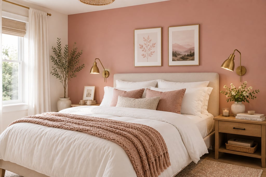 Bedroom with matte blush accent wall behind bed, white bedding, and brass lamp