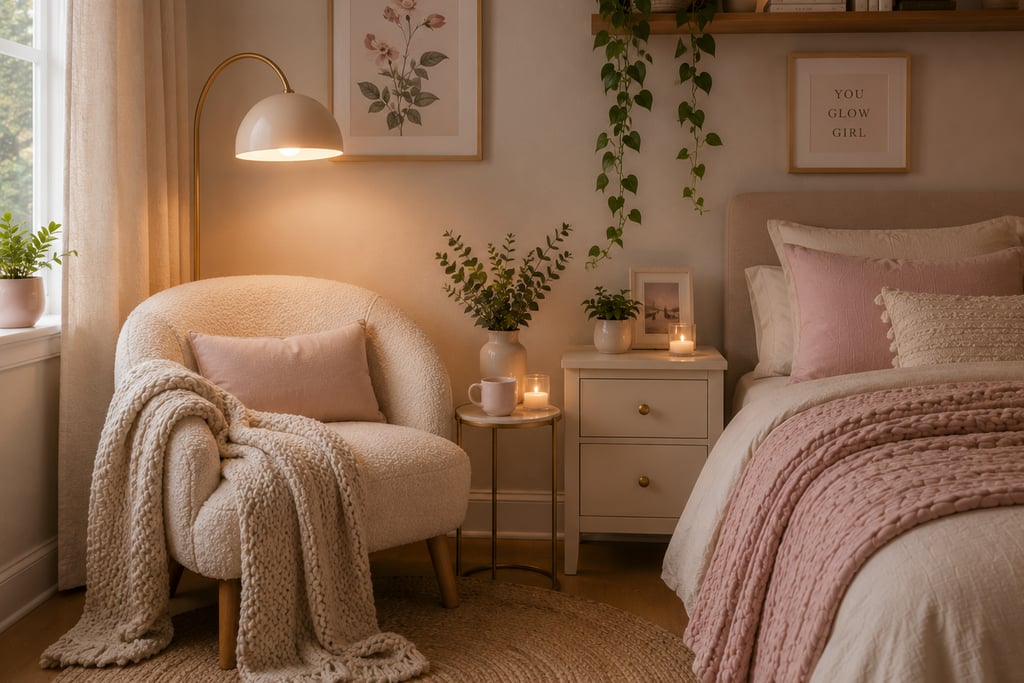 cute bedroom reading corner ideas with bouclé chair and warm floor lamp