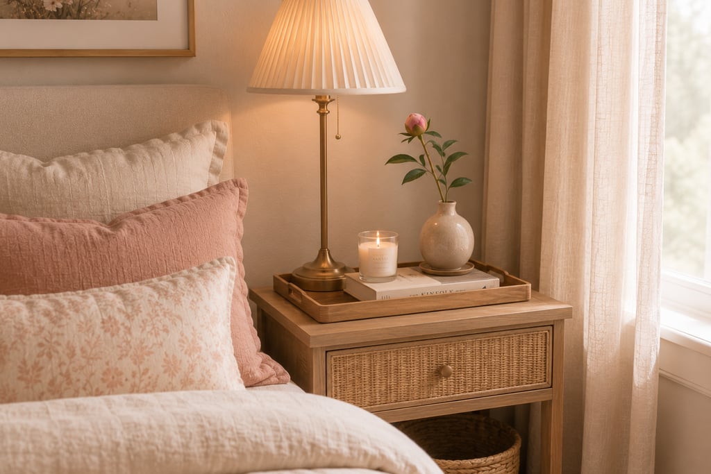 feminine bedroom nightstand styling ideas with brass lamp bud vase and decorative tray