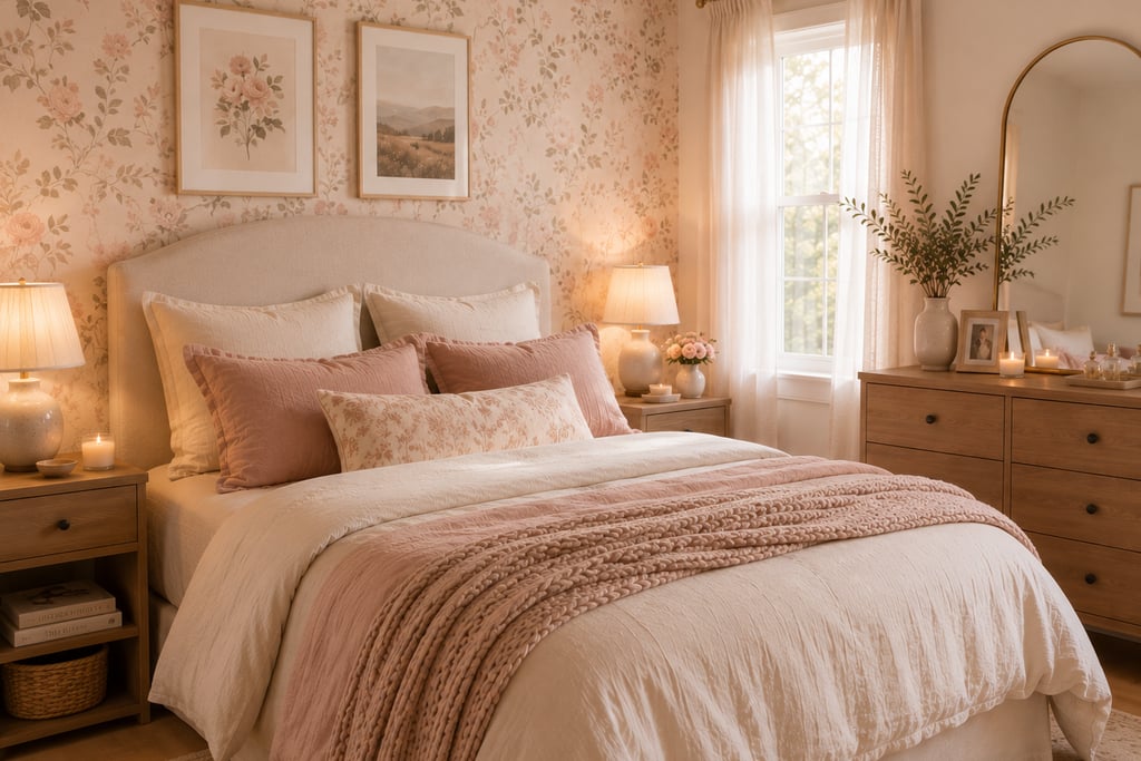 feminine bedroom accent wall ideas with floral wallpaper behind upholstered headboard