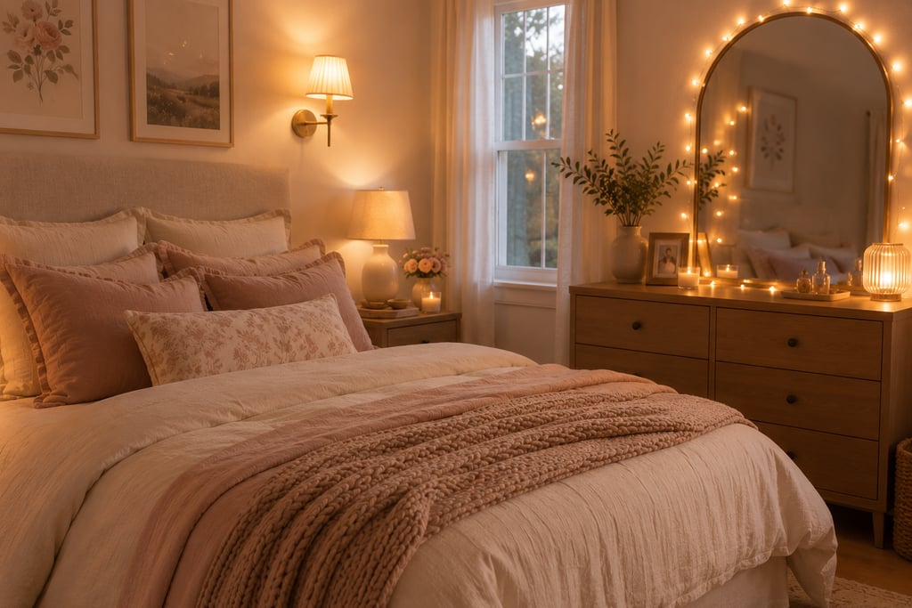 feminine bedroom lighting ideas with layered bedside lamp wall sconce and warm fairy lights