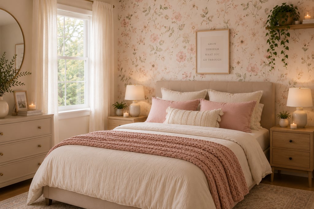 cute bedroom wallpaper ideas with peel and stick floral accent wall behind bed