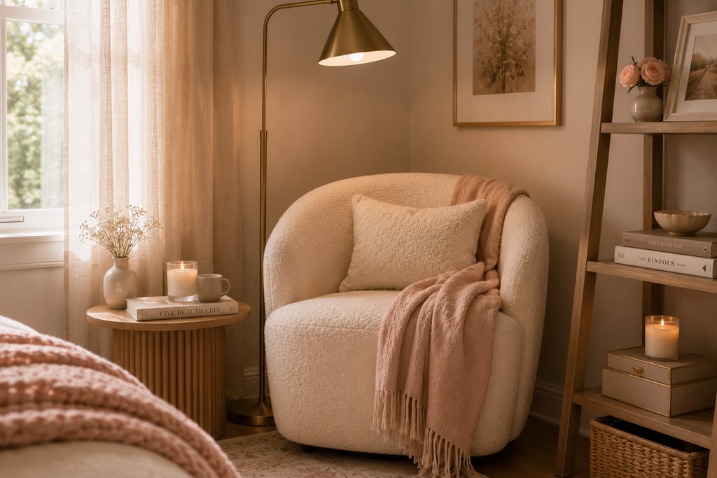 feminine bedroom reading corner with bouclé accent chair brass floor lamp and throw