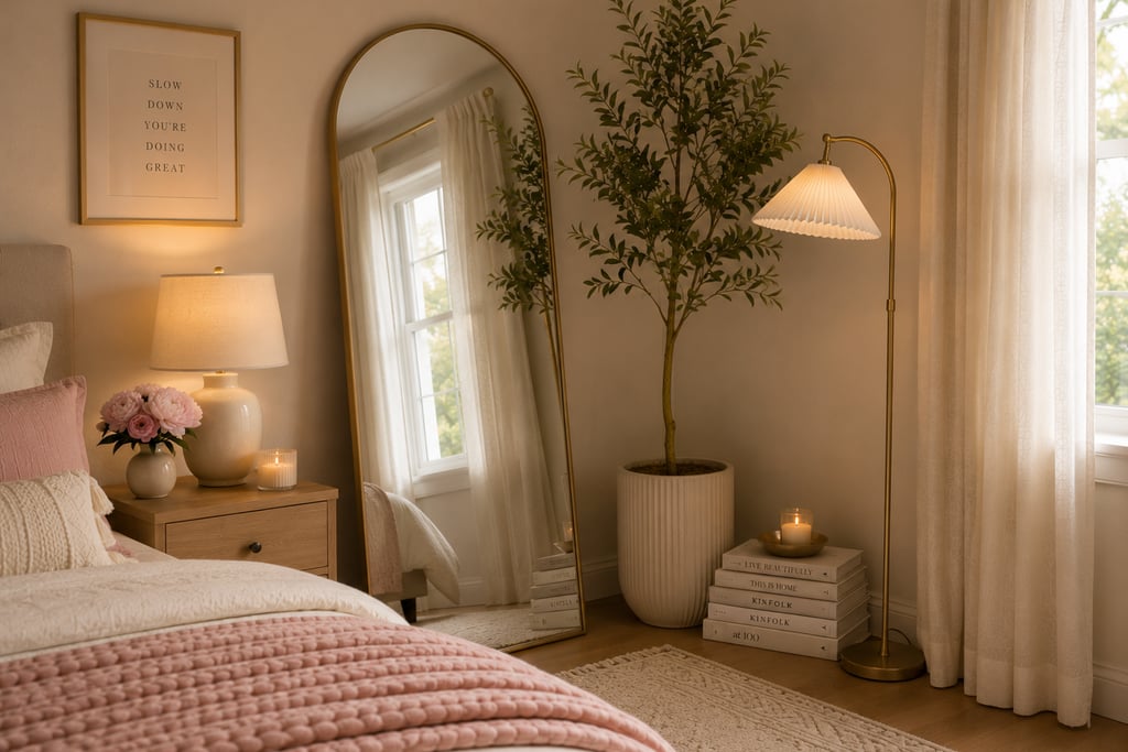 cute bedroom corner vignette ideas with floor mirror tall plant and warm lamp