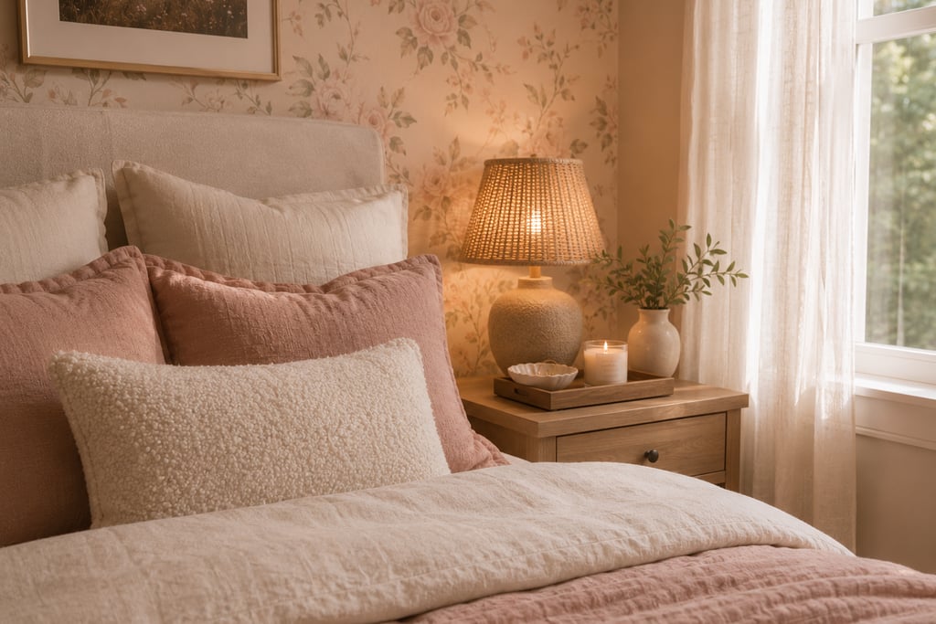 feminine bedroom texture ideas with bouclé velvet linen rattan and natural wood