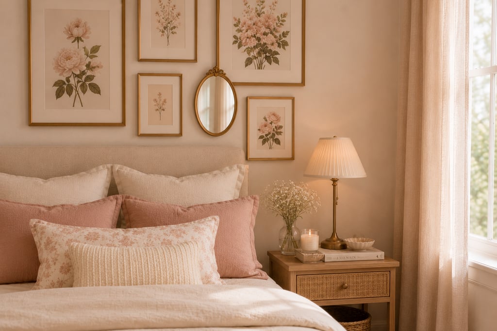 feminine bedroom wall art ideas with botanical gallery wall in gold frames