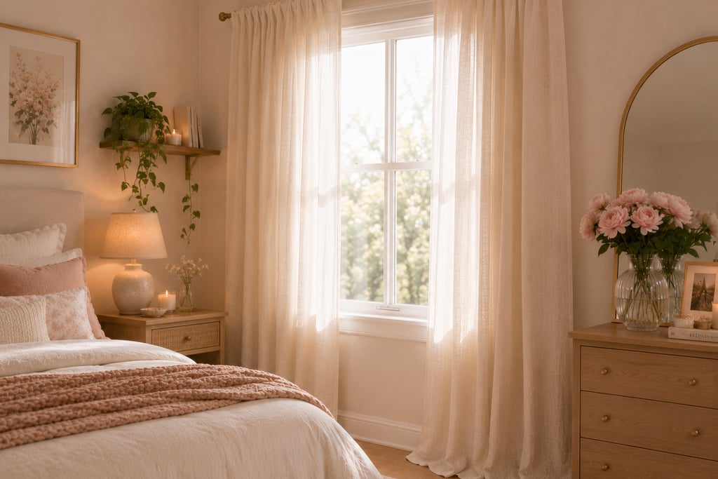 feminine bedroom curtain ideas with floor length ivory linen curtains hung high above window