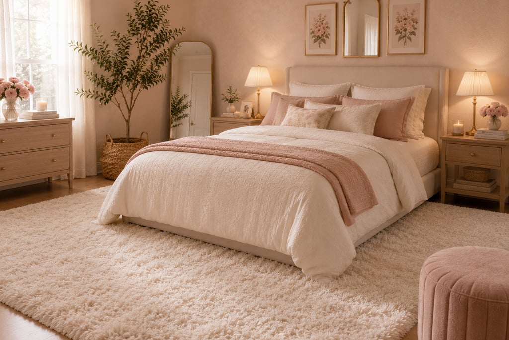 feminine bedroom rug ideas with large ivory plush rug anchoring the bed