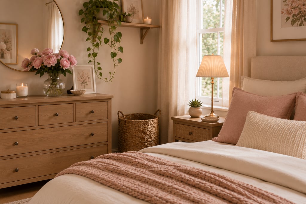 feminine bedroom plant ideas with peonies on dresser pothos on shelf and succulent on nightstand