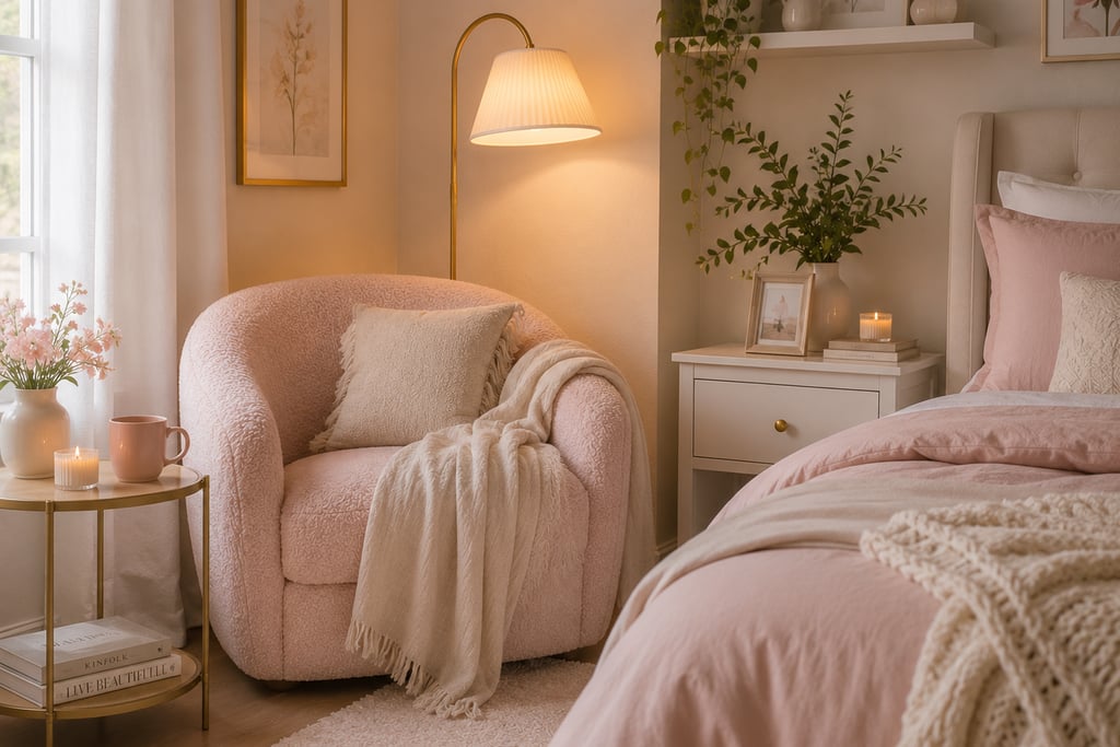 pastel bedroom reading corner with blush bouclé chair warm floor lamp and linen throw