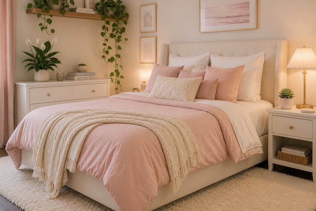 pastel bedroom plant ideas with trailing pothos on shelf peace lily on dresser and succulent on nigh