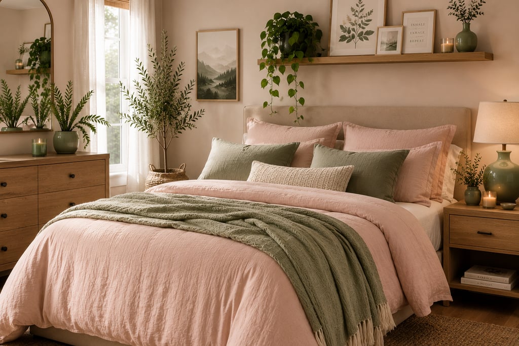 pink and sage green bedroom ideas with blush bedding and green plants