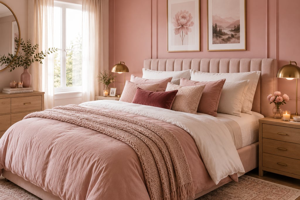 pink bedroom bedding ideas with layered blush duvet and velvet pillows