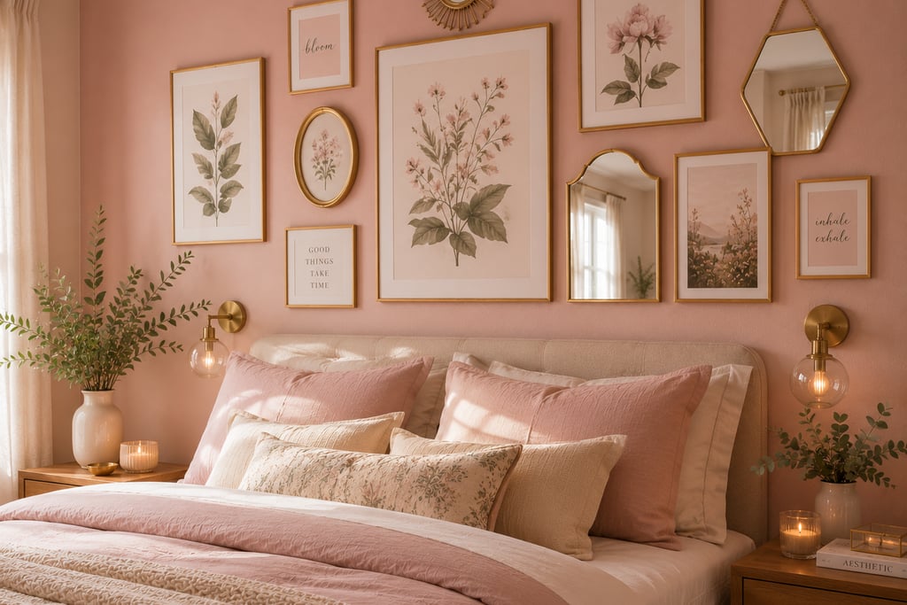 pink bedroom gallery wall ideas with botanical art prints and gold frames