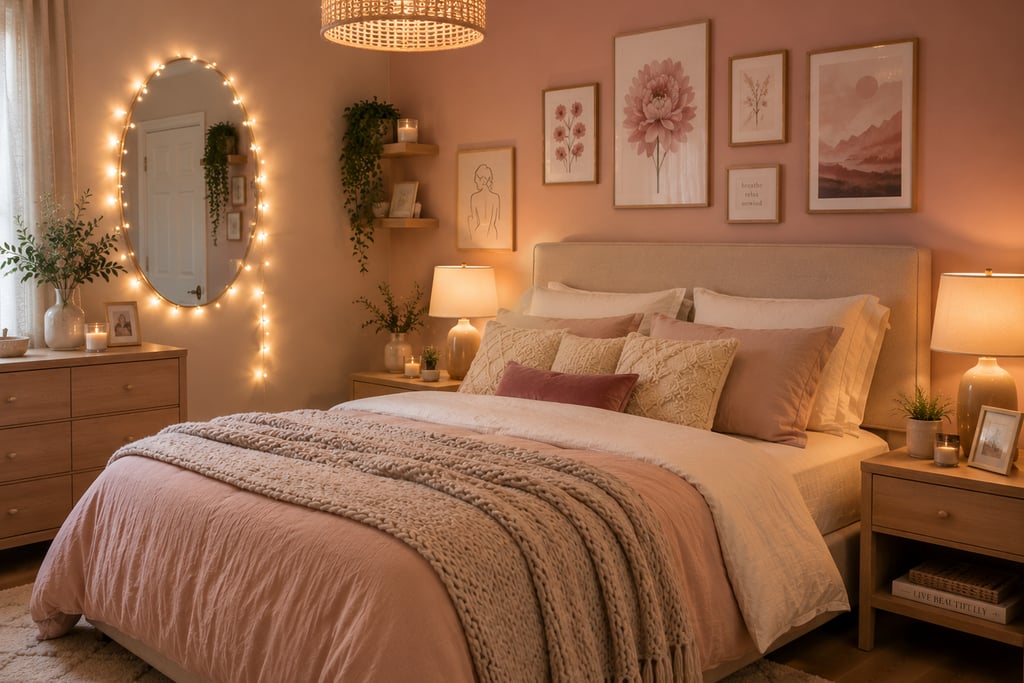 pink bedroom lighting ideas with layered warm lighting and fairy lights