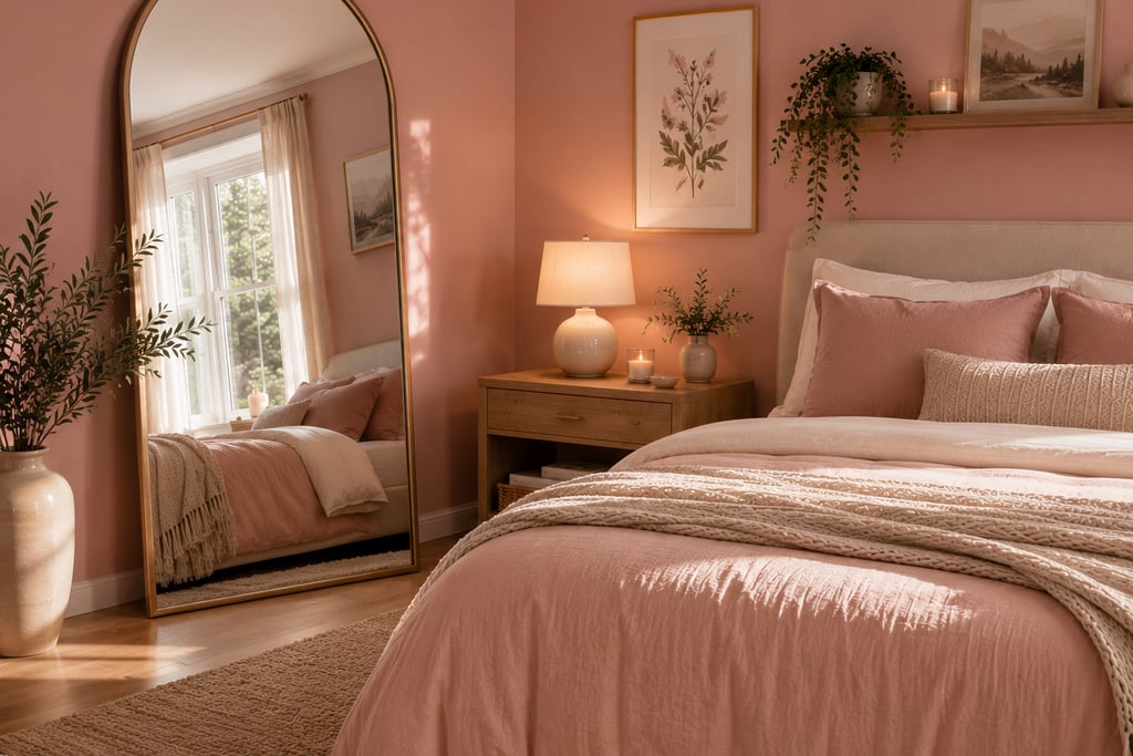 pink bedroom mirror ideas with arched floor mirror and warm natural light
