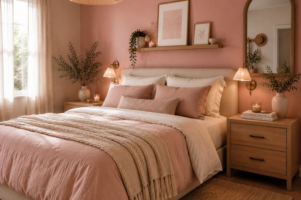 pink bedroom natural wood ideas with oak furniture and warm tones