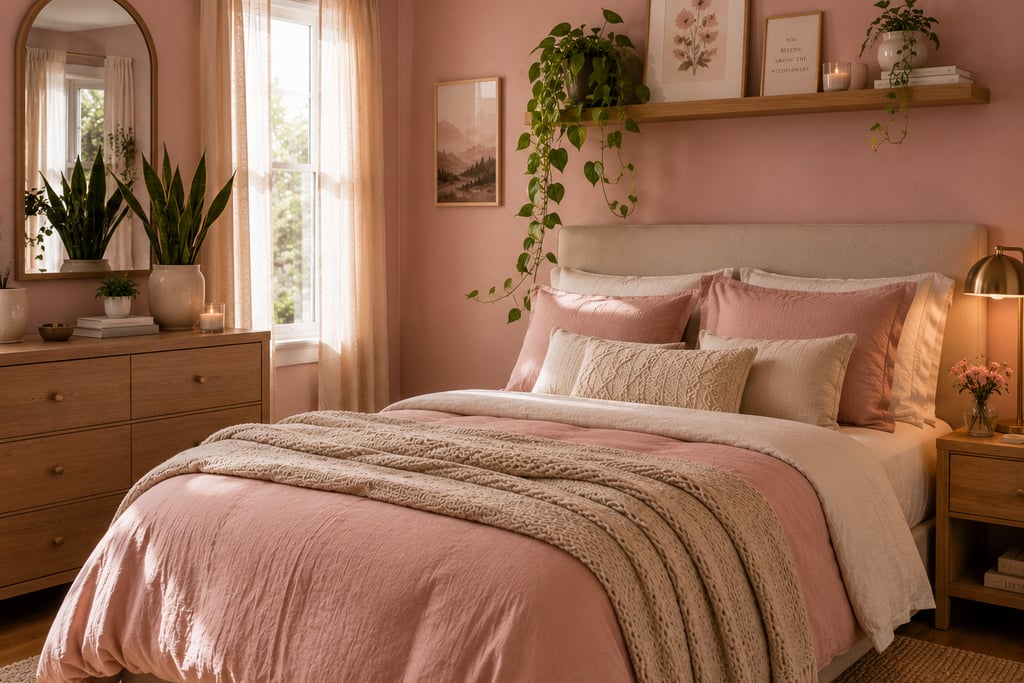 pink bedroom plant ideas with pothos and snake plant for green contrast