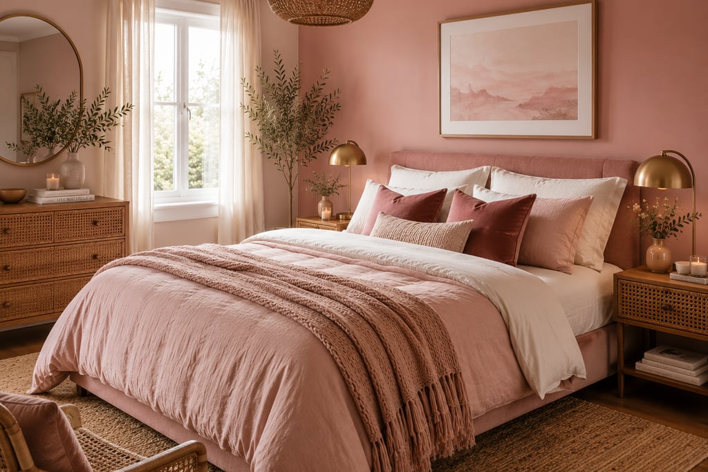 pink bedroom texture ideas with velvet pillow bouclé chair and rattan basket