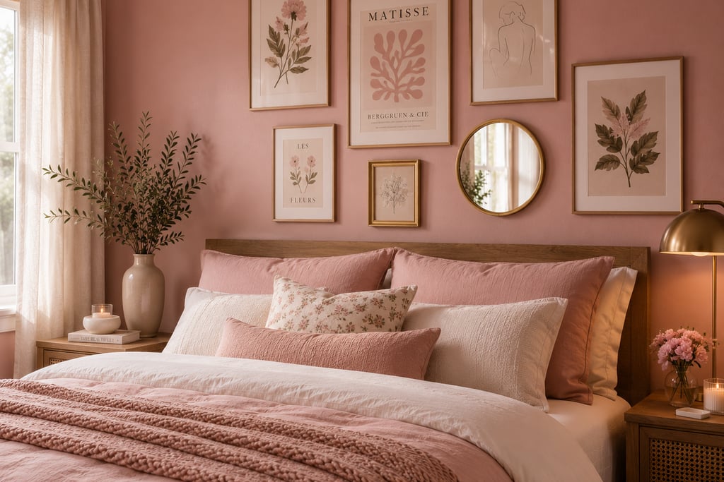 pink bedroom wall art ideas with botanical prints and gallery wall arrangement