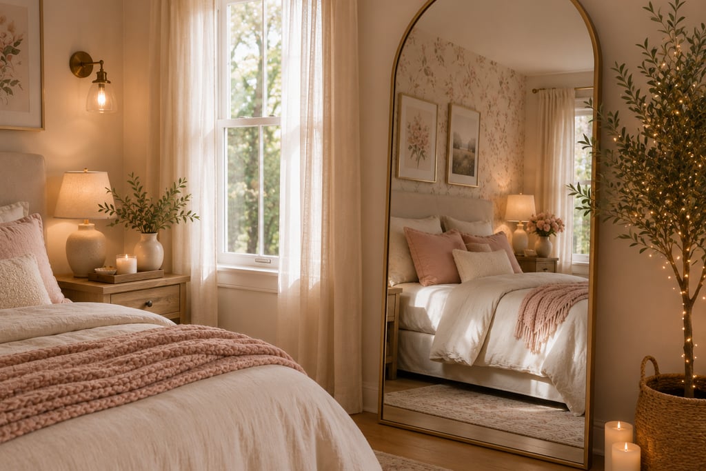 feminine bedroom mirror ideas with large arched gold mirror reflecting natural light