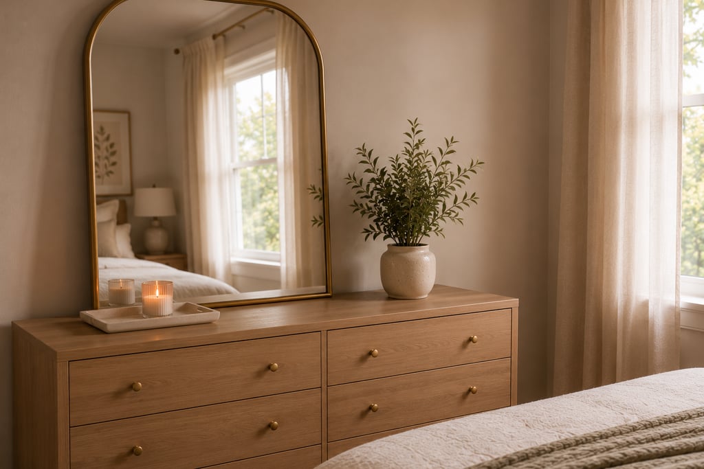 cute bedroom surface styling ideas with edited dresser top and minimal objects