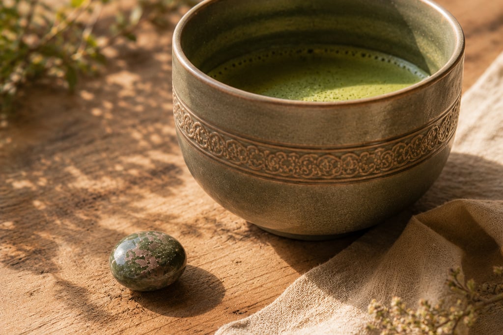 Green Strawberry Quartz beside a matcha bowl during a mindful morning ritual.