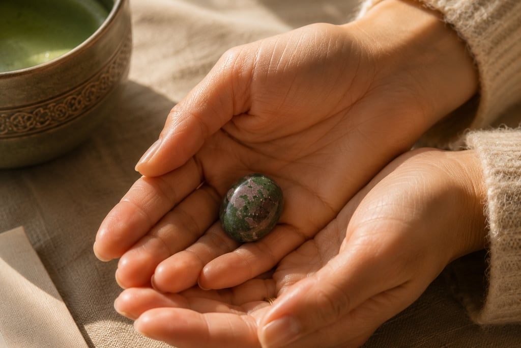 Green Strawberry Quartz used for intention setting during a morning ritual.